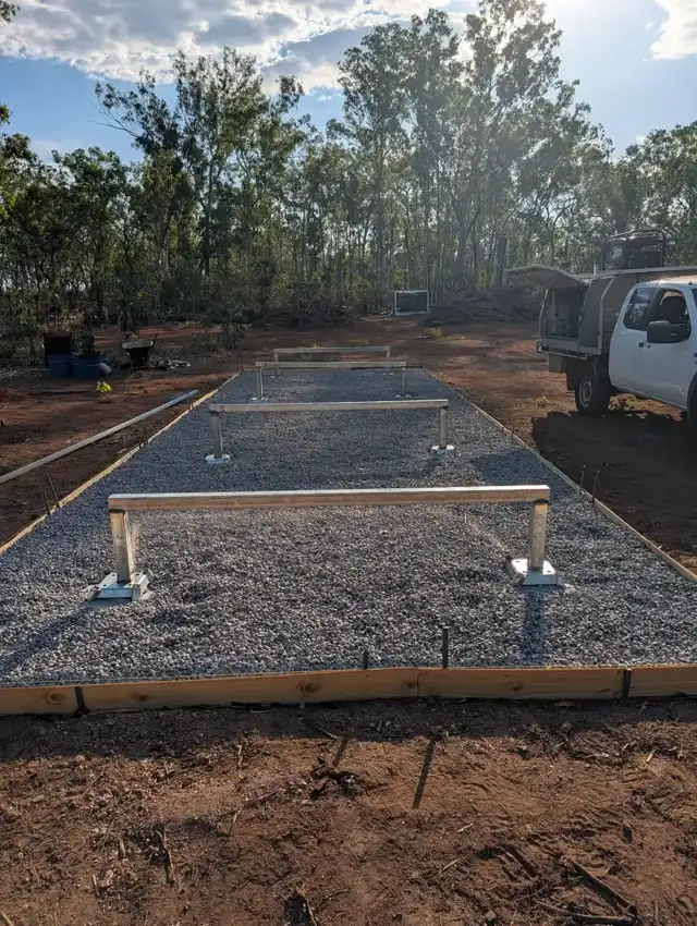 Steel bearers levelled on engineered footings, ready for delivery day