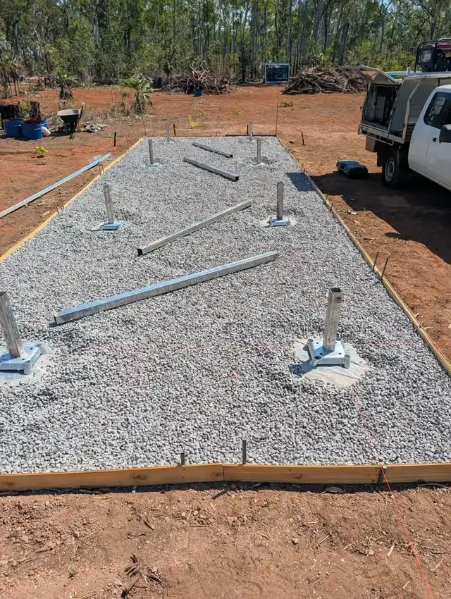 Gravel footing pad with galvanised posts set out on a bush block