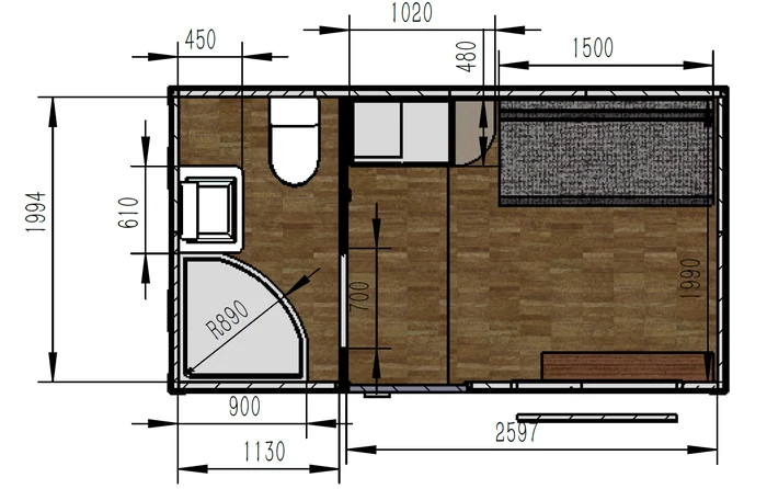13ft Site Office with Bathroom floor plan and elevations, drawing 1