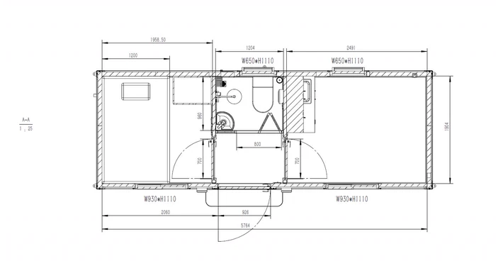 Two Bedroom 20ft Building floor plan and elevations, drawing 1