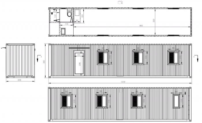 40ft Containerised Building, Open Plan floor plan and elevations, drawing 1